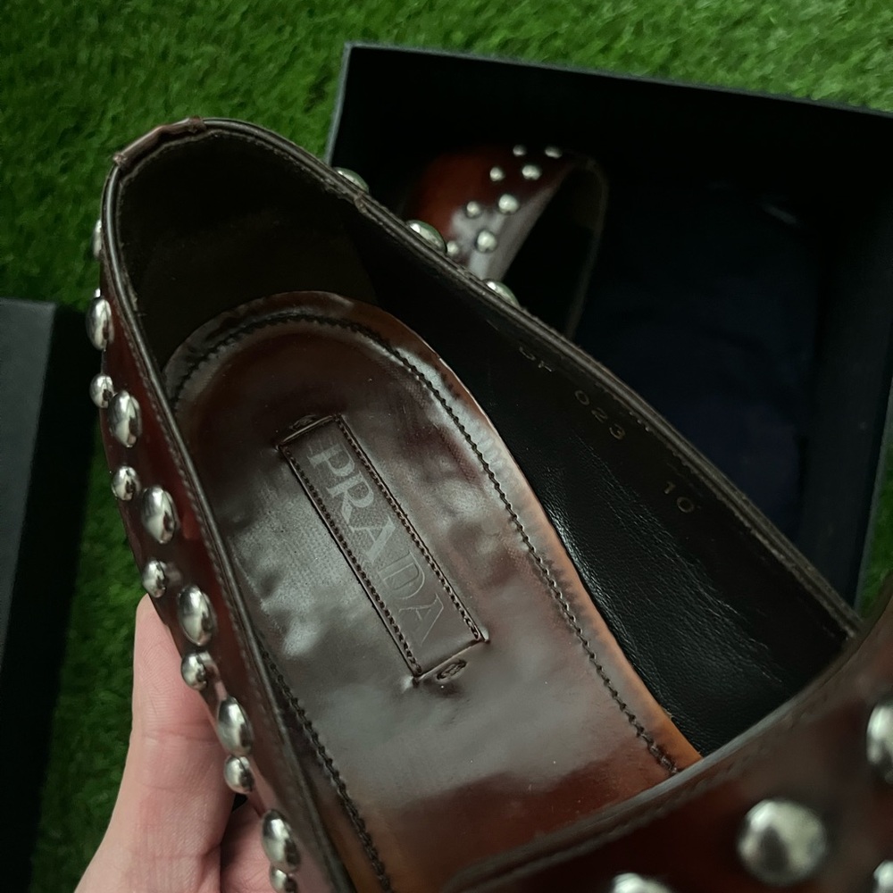 Designer Prada Slip On Tobacco Leather Rhinestone Jewel Dress Shoes Size 10 - Picture 4 of 7